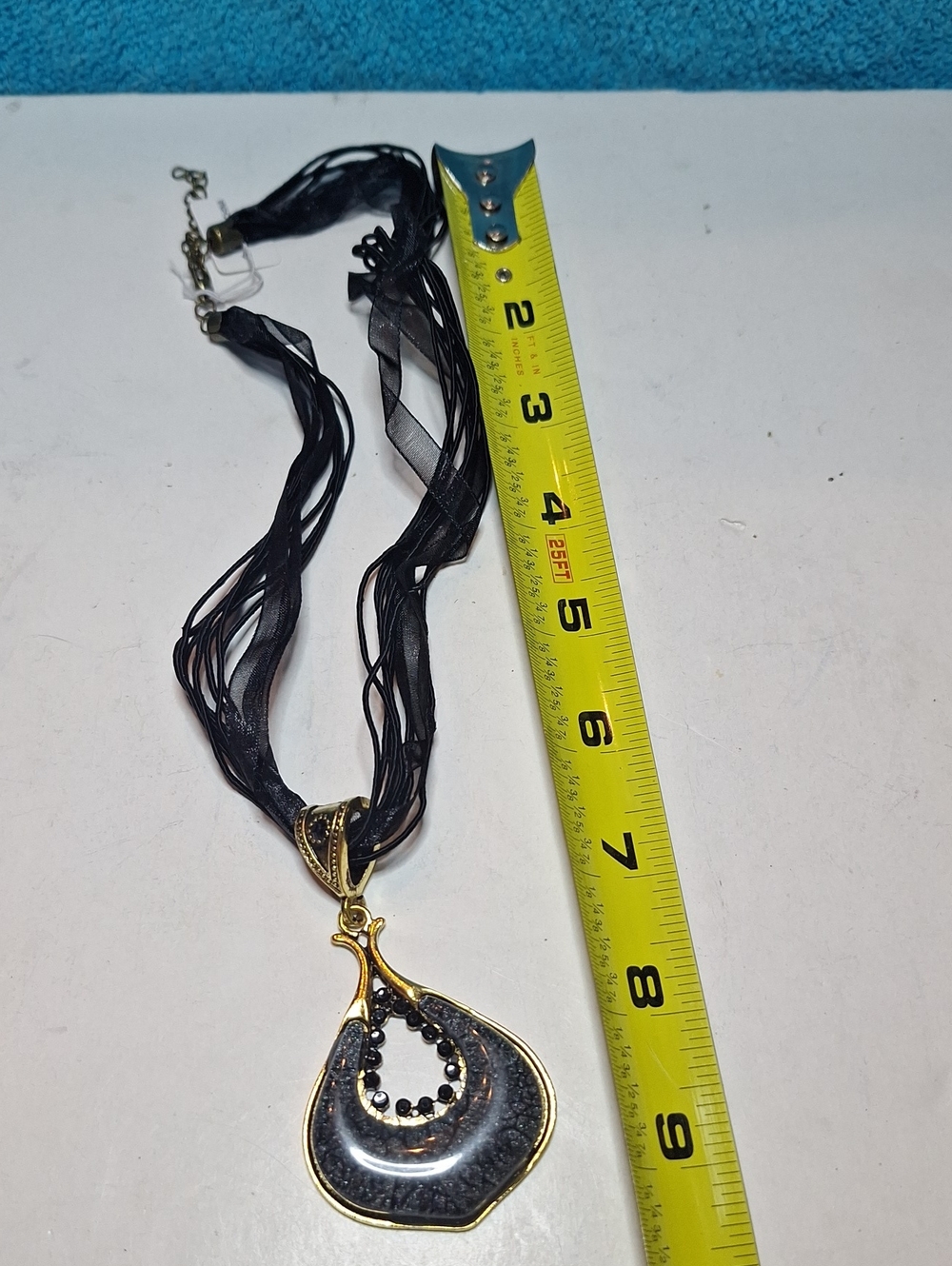 Black & Gold Tone Chunky Tear Drop Fashion Pendant Necklace With Ribbon Chain - Picture 5 of 7
